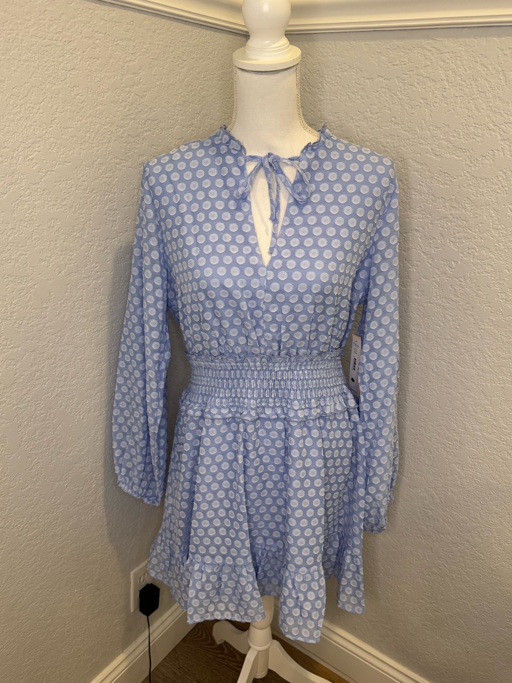 Aqua Powder Blue Polka Dot Tie-Neck Smocked Waist Long Sleeve Mini Dress